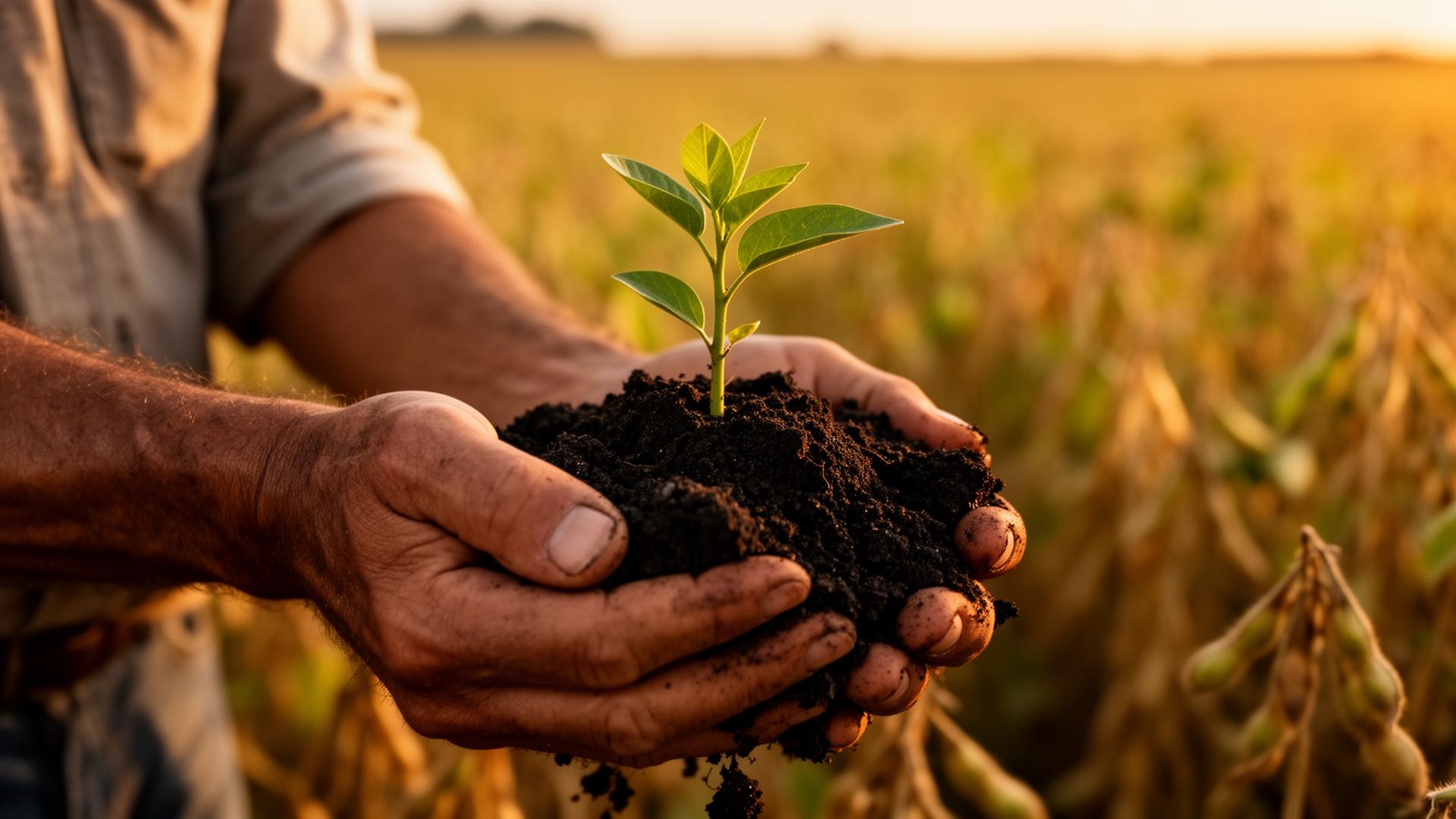 Mãos do produtor segurando terra fértil